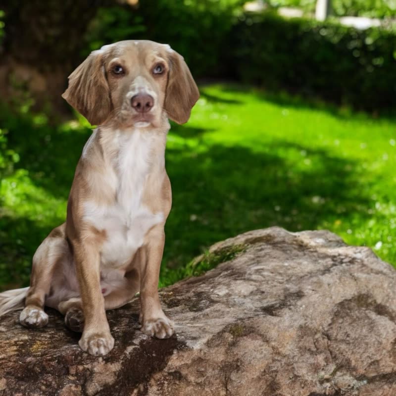 A tan-and-white spaniel sitting on a rock outdoors with bright green grass behind