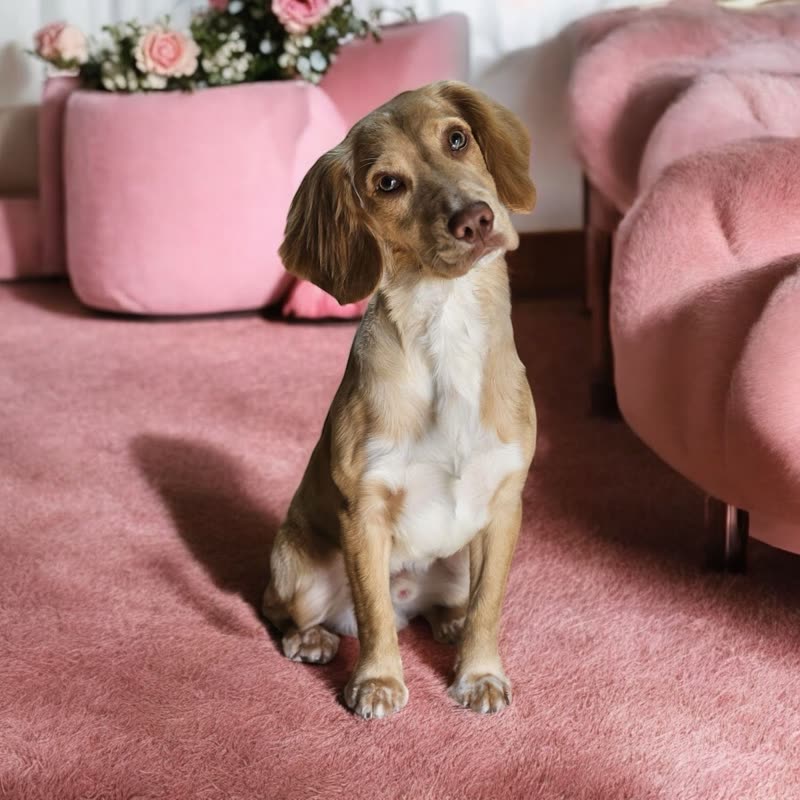 A tan-and-white spaniel sitting on a pink carpet in front of pink velvet furniture and flowers